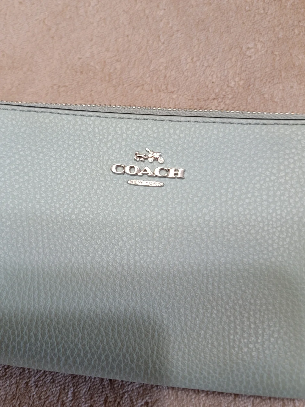 Coach Pebbled Leather Wristlet in Pale Sea Green Color